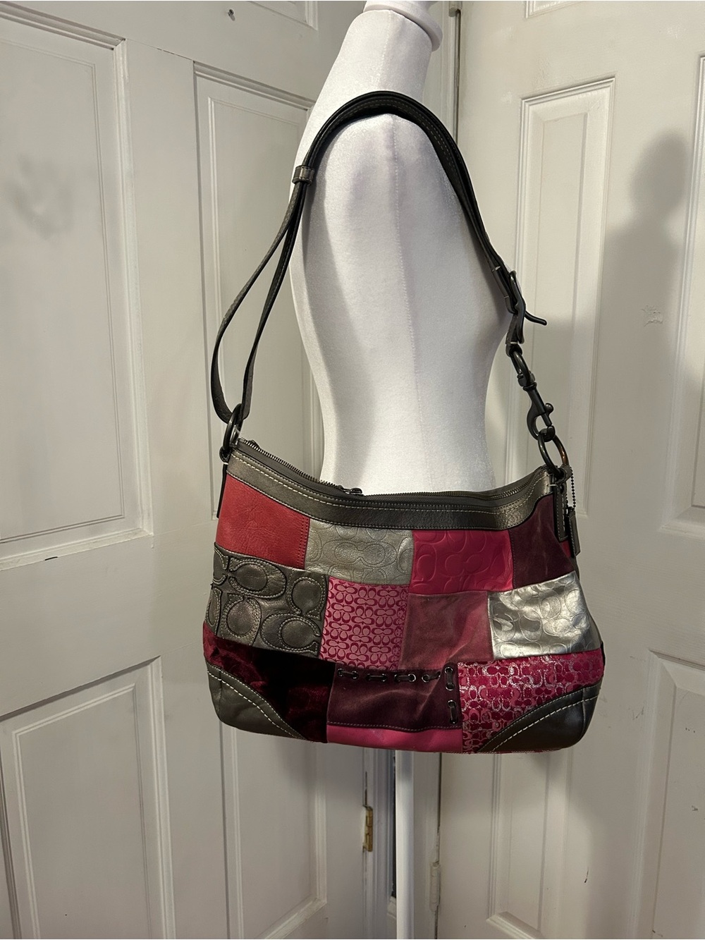 Vintage Coach Patchwork Shoulder Bag in Pink and Silver